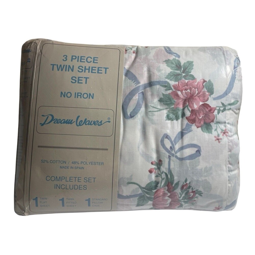 Vintage Dream Waves 3 Piece Twin Sheet Set Pink Flowers Blue Bow 1980s Spain New